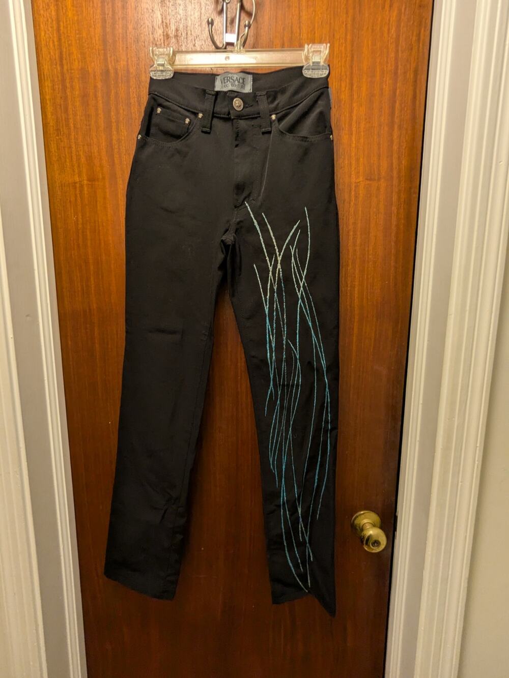 Vintage Versace Black Stretch Pants with Blue Ombre Glitter Size 24 EUC